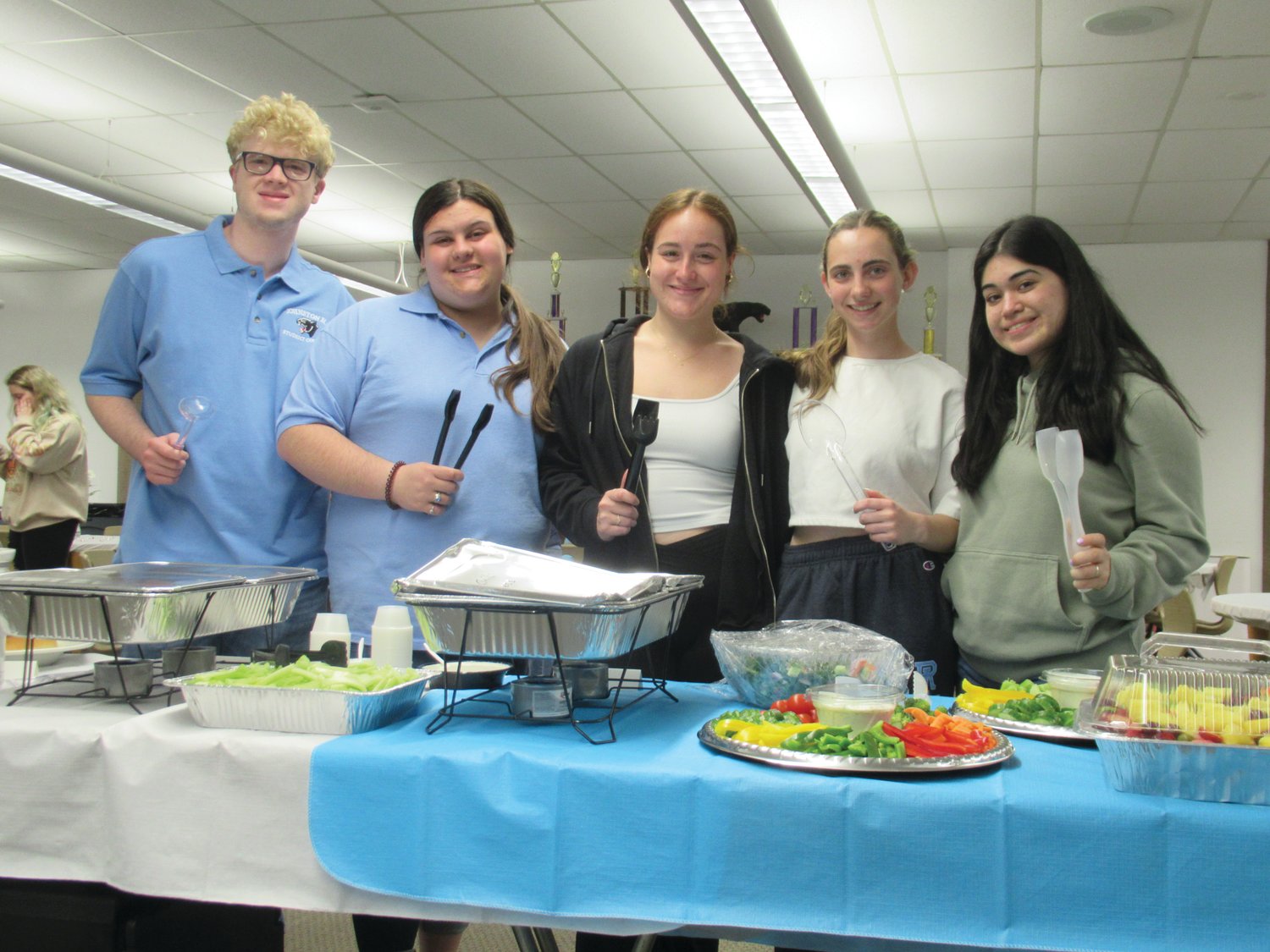 SUPER SERVERS: JHS Student Council members Jackson Troxell, Rebecca Clements, Janet Clements, Charlene Hohlmaier and Sophia Ribezzo enjoyed serving a wide variety of foods to faculty members, administrators and staffers during last week’s Teacher Appreciation Luncheon.